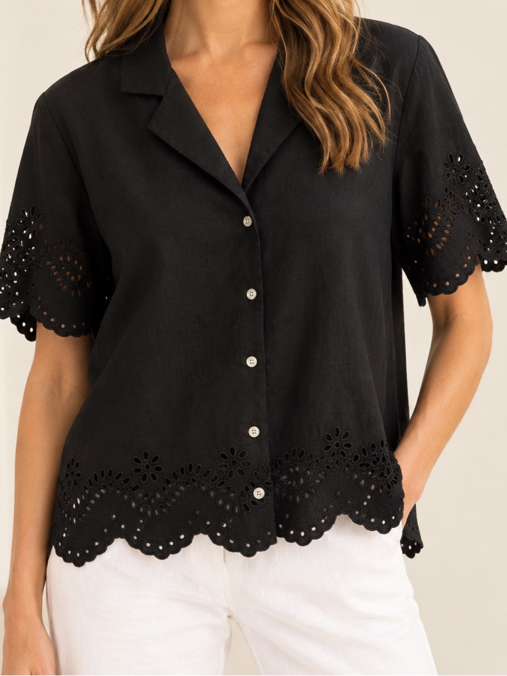Cynthia Rowley Black Linen Eyelet Embroidered Shirt Size M